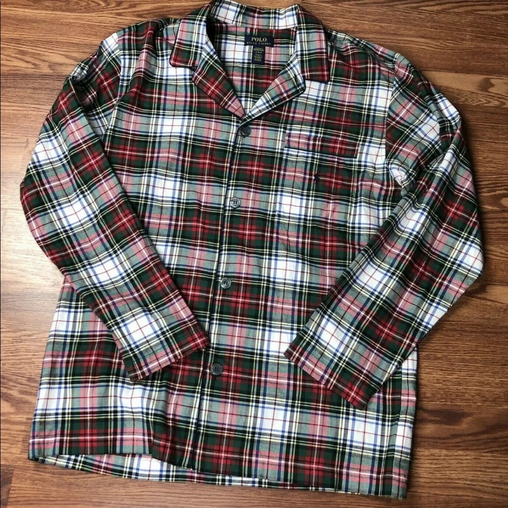 NWT Polo Ralph Lauren Sleepwear Shirt Plaid Green Red Pocket Logo Long Sleeve M